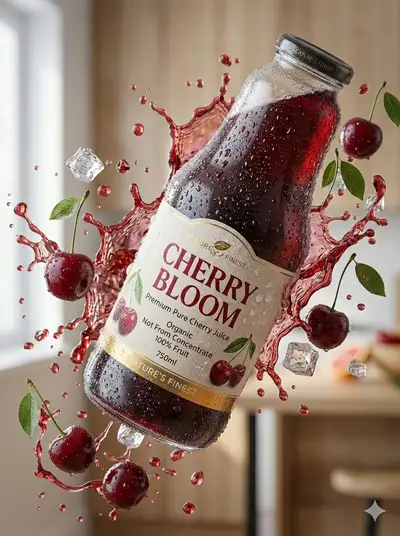 Ultra-realistic cherry juice product photography
