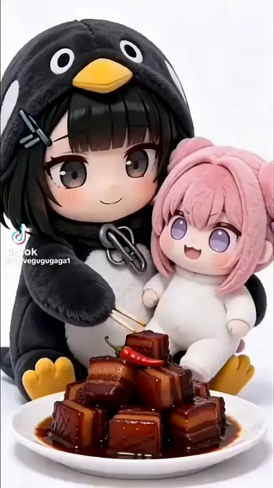 Cute Chibi Penguin Girl Feeding Crying Pink-Haired Doll Character
