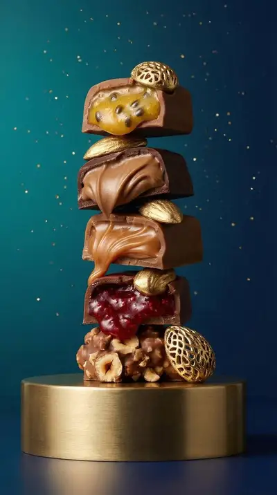 Luxury praline tower and chocolate assortment food photography