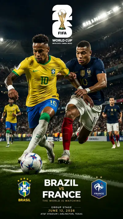 FIFA video game style World Cup 2026 Brazil vs France poster