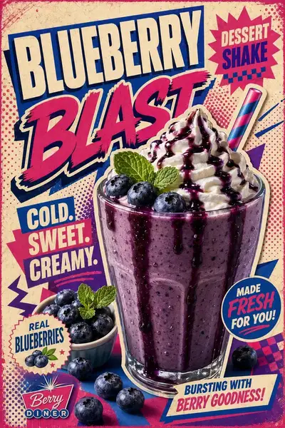 Retro pop-art blueberry dessert shake poster