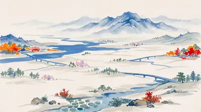 Blue and Orange Distant Mountain Landscape Painting