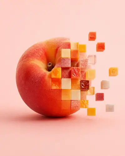 Deconstructed peach pixelated food photography