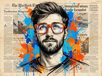 Expressive sketched portrait blending realism with newspaper collage