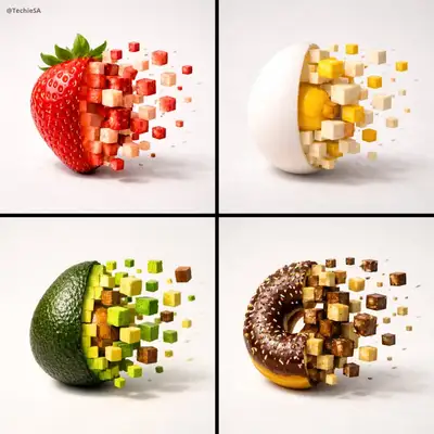 Food transforming into floating pixel cubes