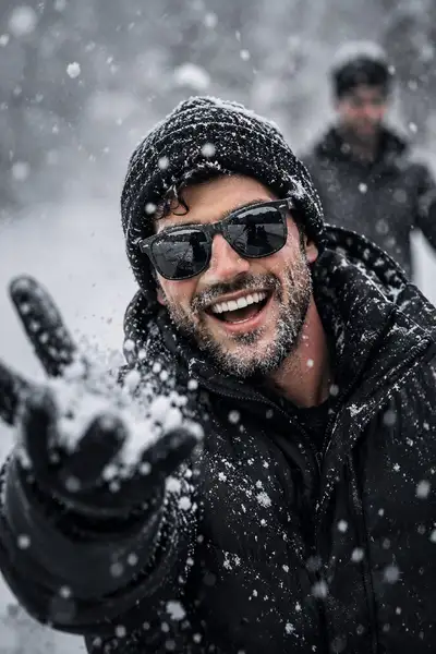 Retrato de close-up de inverno nevado com gorro e barba com geada