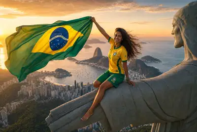 Brazilian football fan at Christ the Redeemer World Cup poster