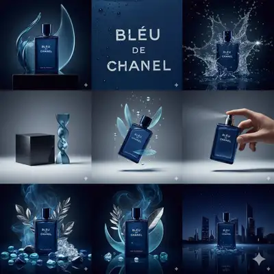 Luxury perfume 3x3 editorial grid for Bleu de Chanel bottle
