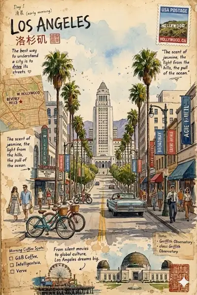 Vintage Travel Journal Watercolor: LA & Artisan City