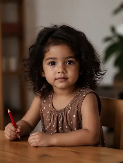 Candid documentary portrait of a toddler holding a red pencil