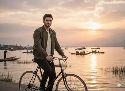 Man cycling beside Dal Lake at golden-hour sunset