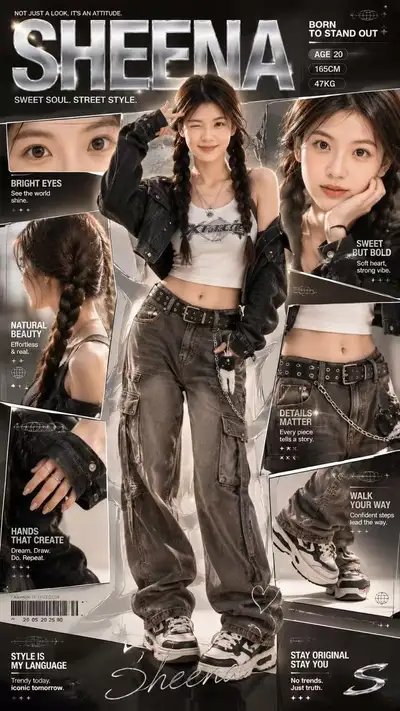Y2K streetwear character profile poster with collage panels