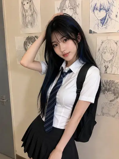 Photo spontanee en uniforme scolaire devant des croquis d'anime