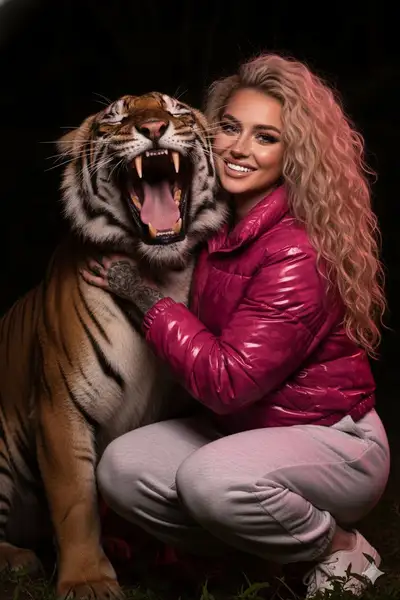 Hyper-realistic woman with Bengal tiger night portrait