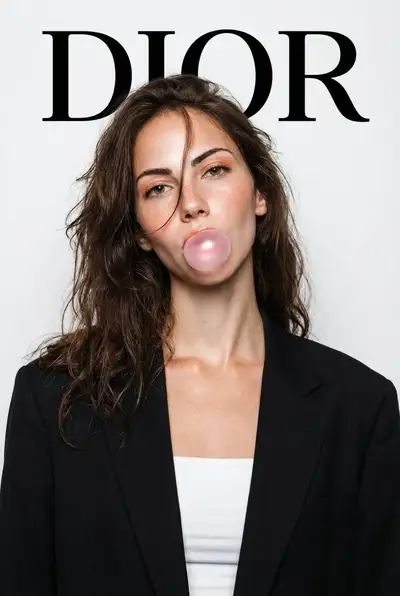 Retrato editorial estilo DIOR com chiclete para Nano Banana Pro