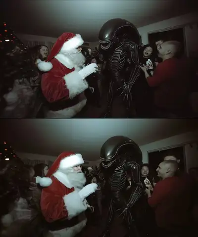 Midjourney Flash Photo: Santa & Alien at Party