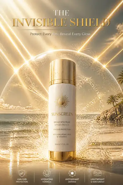 Luxury sunscreen ad with glowing UV shield effect