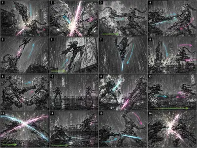 Storyboard de batalha de espadas anime cyberpunk de 16 painéis
