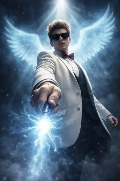Hombre de traje blanco invocando una sombra brillante de alas de ángel