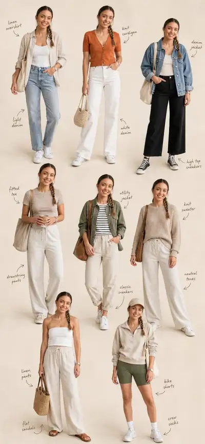 Freiform-Mode-Editorial-Collage aus 8 lässigen Outfits