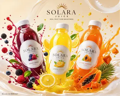 Affiche de campagne de bouteilles à trois saveurs de Solara Juice