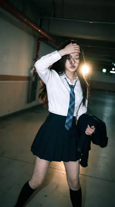 Candid motion-blur portrait in a dim parking garage