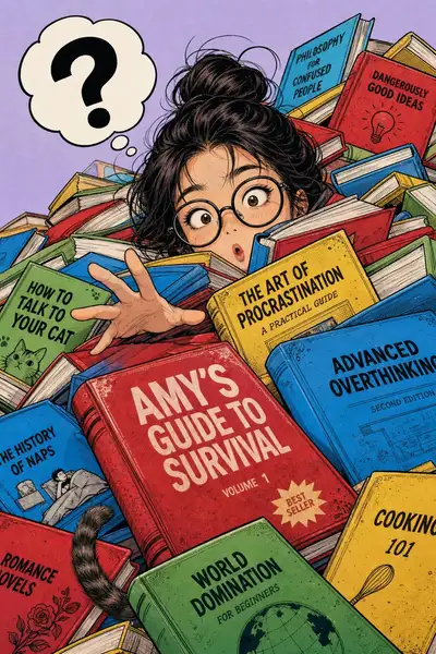 Comic-style illustration: woman overwhelmed by books