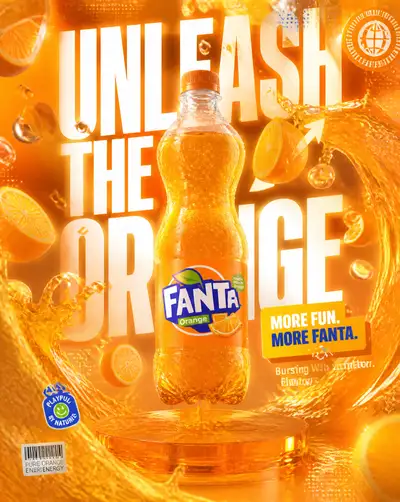 Fanta orange soda 3D advertisement poster prompt