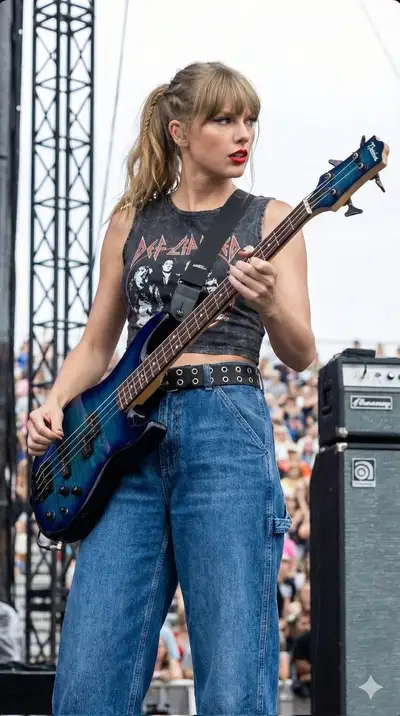 Live outdoor concert portrait of a bass guitarist