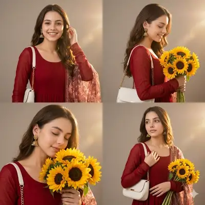 Colagem de 4 painéis com vestido anarkali e buquê de girassóis