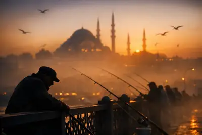 Cinematic silhouette of fishermen at sunset on Galata Bridge