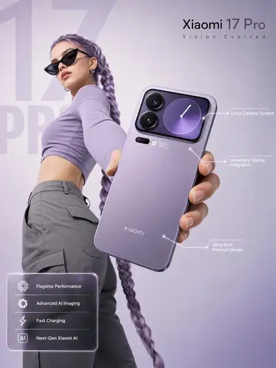 Xiaomi 17 Pro hero shot smartphone ad with UI callouts