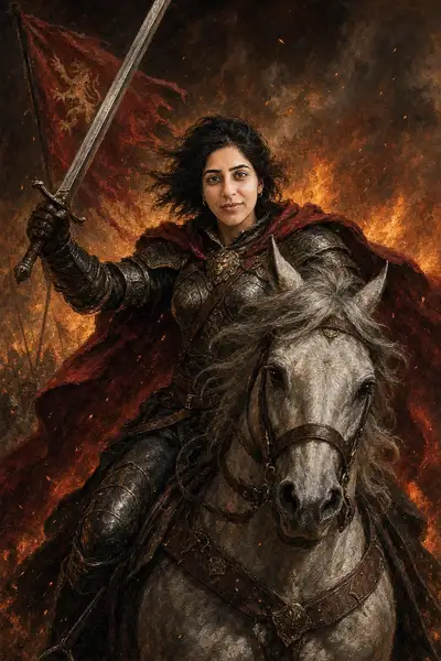 Prompt de guerreira a cavalo em pintura a óleo de fantasia