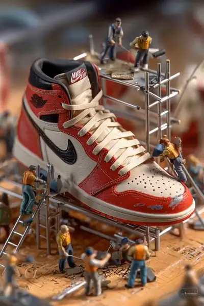Miniatur-Bauarbeiter reparieren Sneaker – Makrofotografie