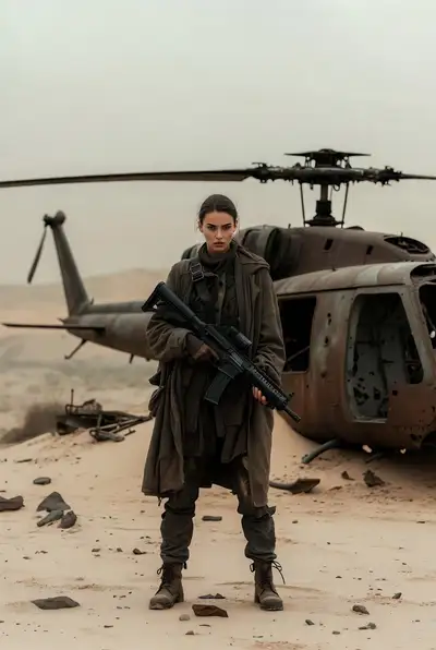 Lone Female Soldier in Desert Battlefield