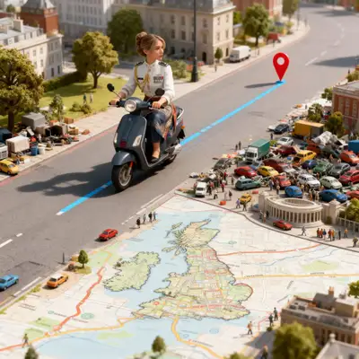 Character on scooter over stylized GPS route in London