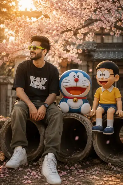 Retrato no pátio com Doraemon e iluminação do pôr do sol
