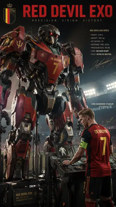 Belgium World Cup mech poster: Red Devil Exo with De Bruyne