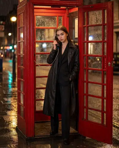 Rainy London telephone booth fashion editorial
