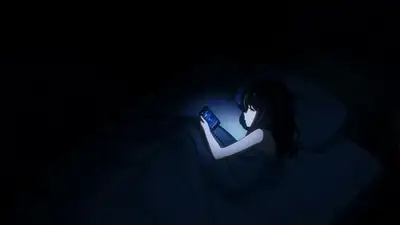 Anime-style night scene: girl with phone in dark room