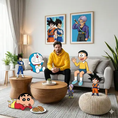 Cena fotorrealista de sala de estar cruzada com personagens de anime