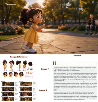 Pixar-artiges 3D-Charakterblatt eines jungen Mädchens