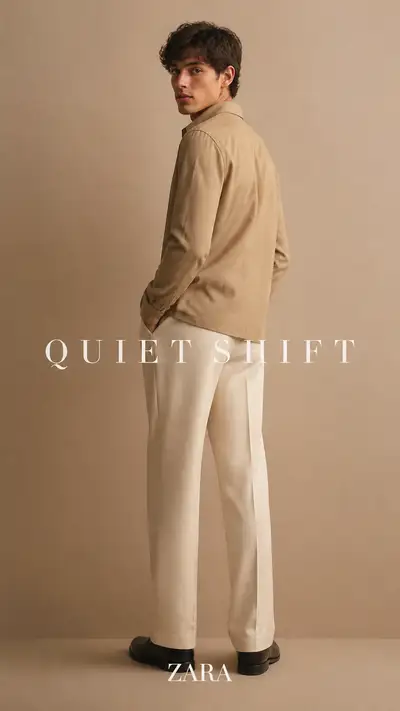 Oat-beige menswear editorial rear-view portrait prompt