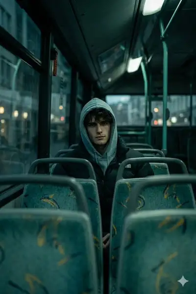 Cinematic low-angle shot of a mysterious man on a night bus