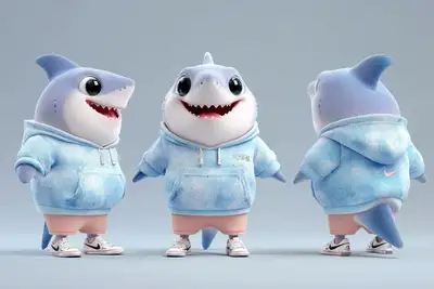 Mascota antropomórfica 3D estilo Pixar en triple vista
