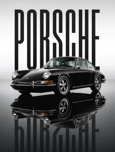 Commercial studio shot of a black 1969 Porsche with bold typography