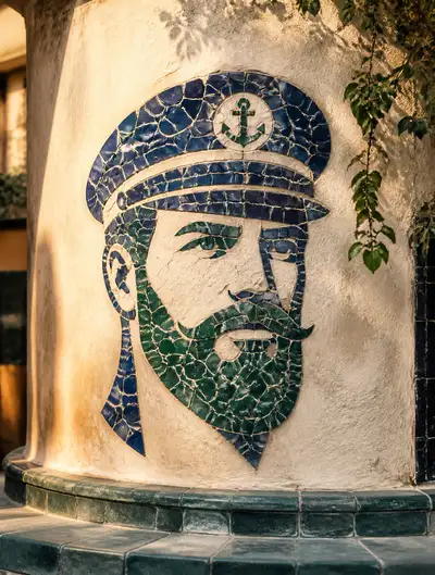 Photorealistic Ceramic Mosaic Logo on Mediterranean Wall