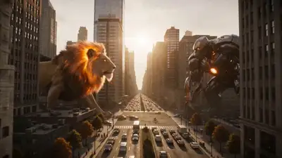 Prompt de vídeo do Seedance 2.0: um leão de fogo gigante luta contra um mech na cidade