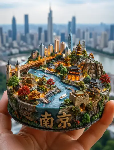 Miniature Nanjing city diorama held in a hand, macro shot