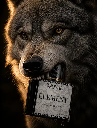 Grey wolf holding luxury fragrance bottle product shot